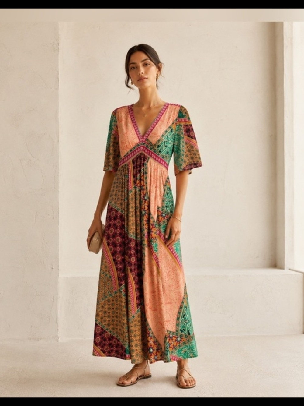 ba&sh Patchwork V‑Neck Maxi Dress in Coral, Green & Burgundy
